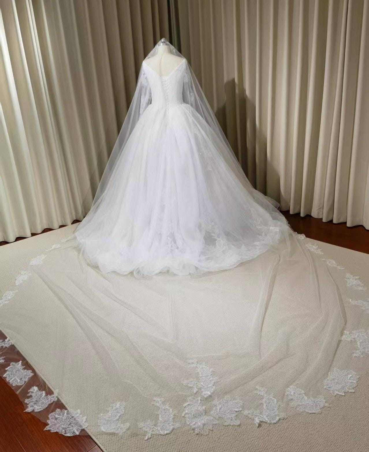 Long sleeve luxury French lace wedding dress, romantic princess ball gown, modest corset dress for bride, courthouse civil wedding gown