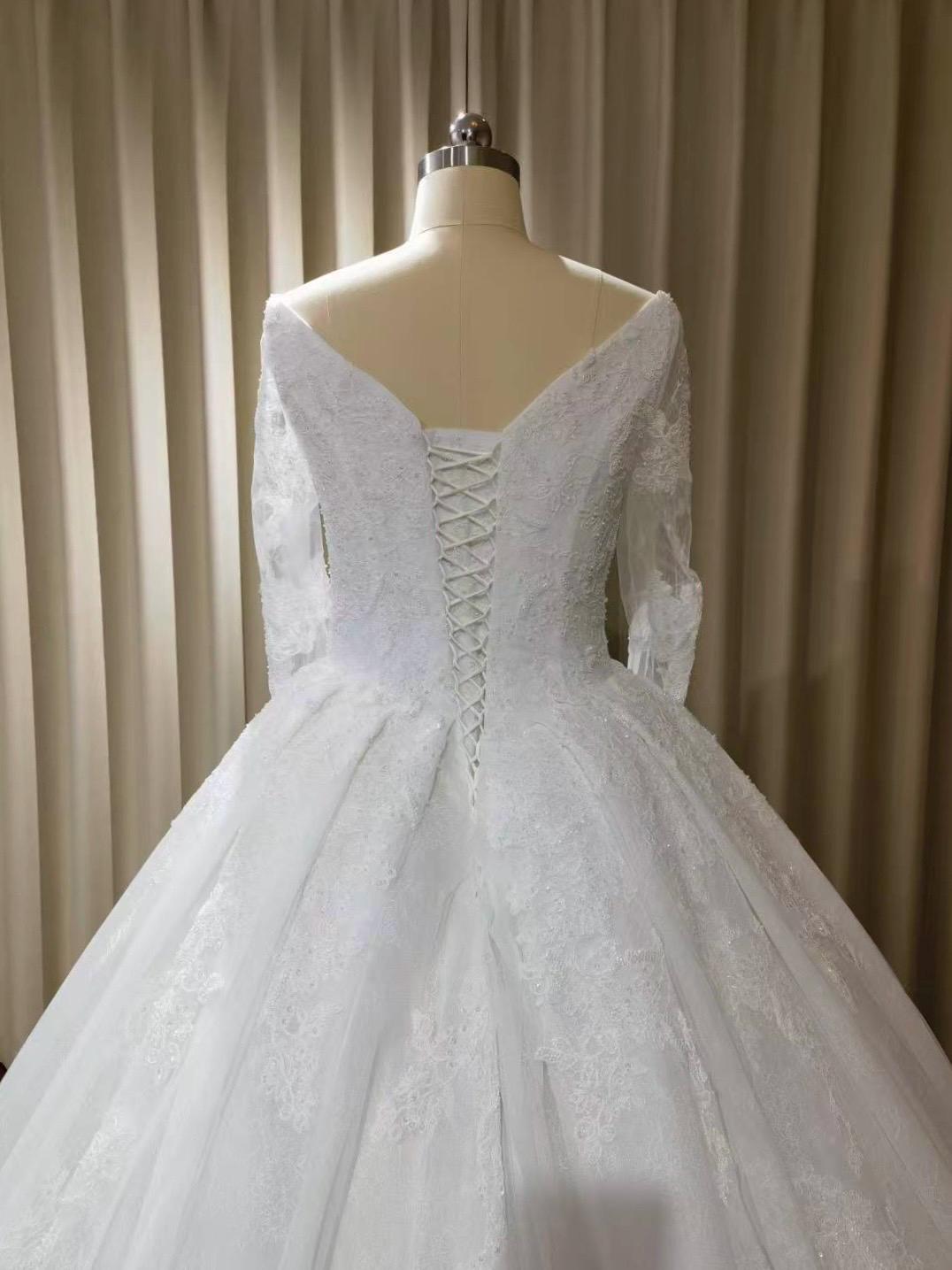 Long sleeve luxury French lace wedding dress, romantic princess ball gown, modest corset dress for bride, courthouse civil wedding gown
