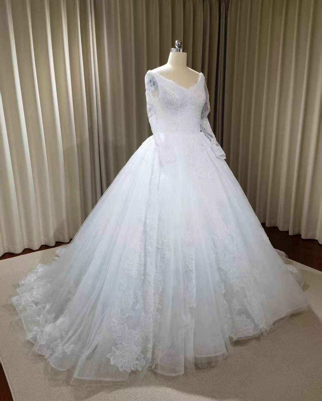 Long sleeve luxury French lace wedding dress, romantic princess ball gown, modest corset dress for bride, courthouse civil wedding gown