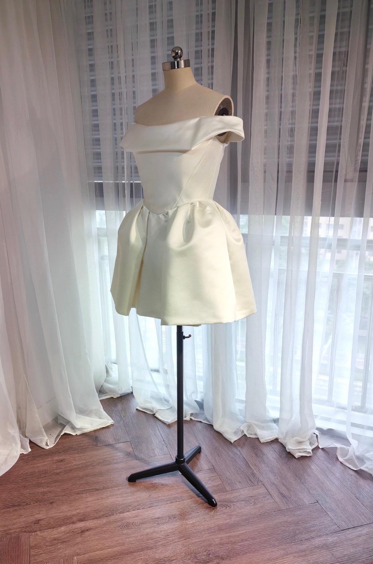 Zoe | Minimalist Off the Shoulder Basque Waist Satin Short Wedding Dress, Custom Simple Courthouse Civil Wedding Reception Elopement Dress