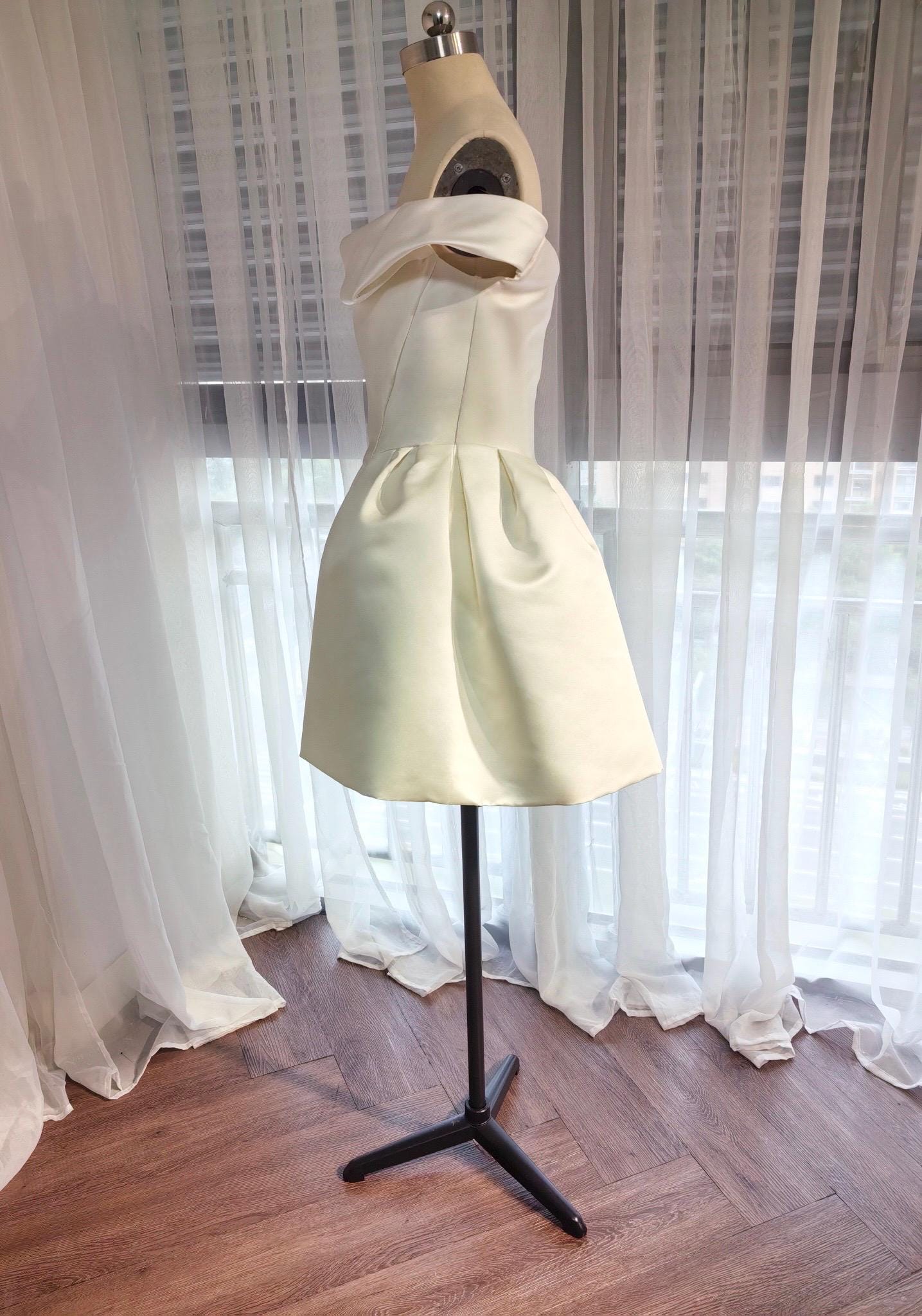 Zoe | Minimalist Off the Shoulder Basque Waist Satin Short Wedding Dress, Custom Simple Courthouse Civil Wedding Reception Elopement Dress