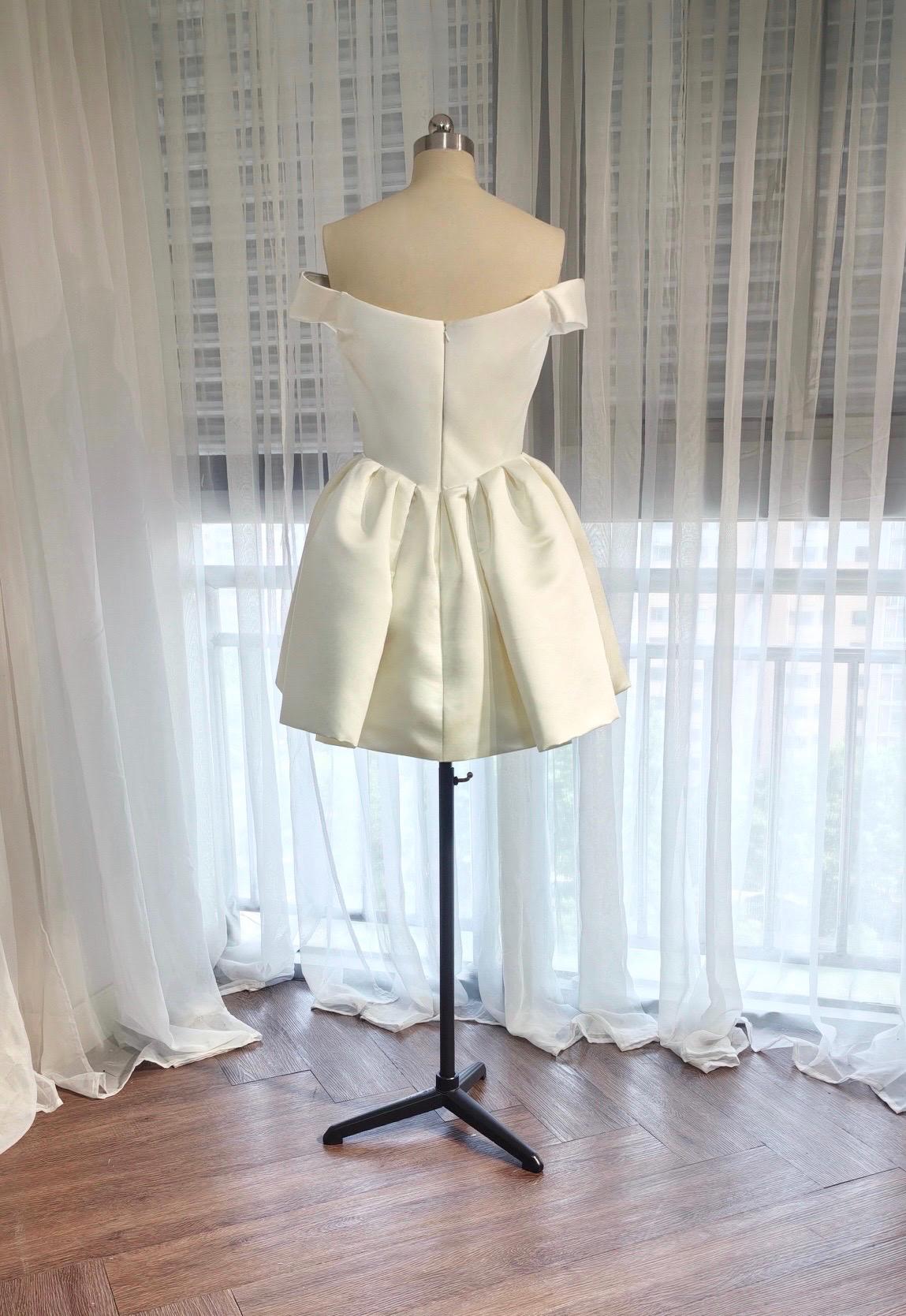 Zoe | Minimalist Off the Shoulder Basque Waist Satin Short Wedding Dress, Custom Simple Courthouse Civil Wedding Reception Elopement Dress