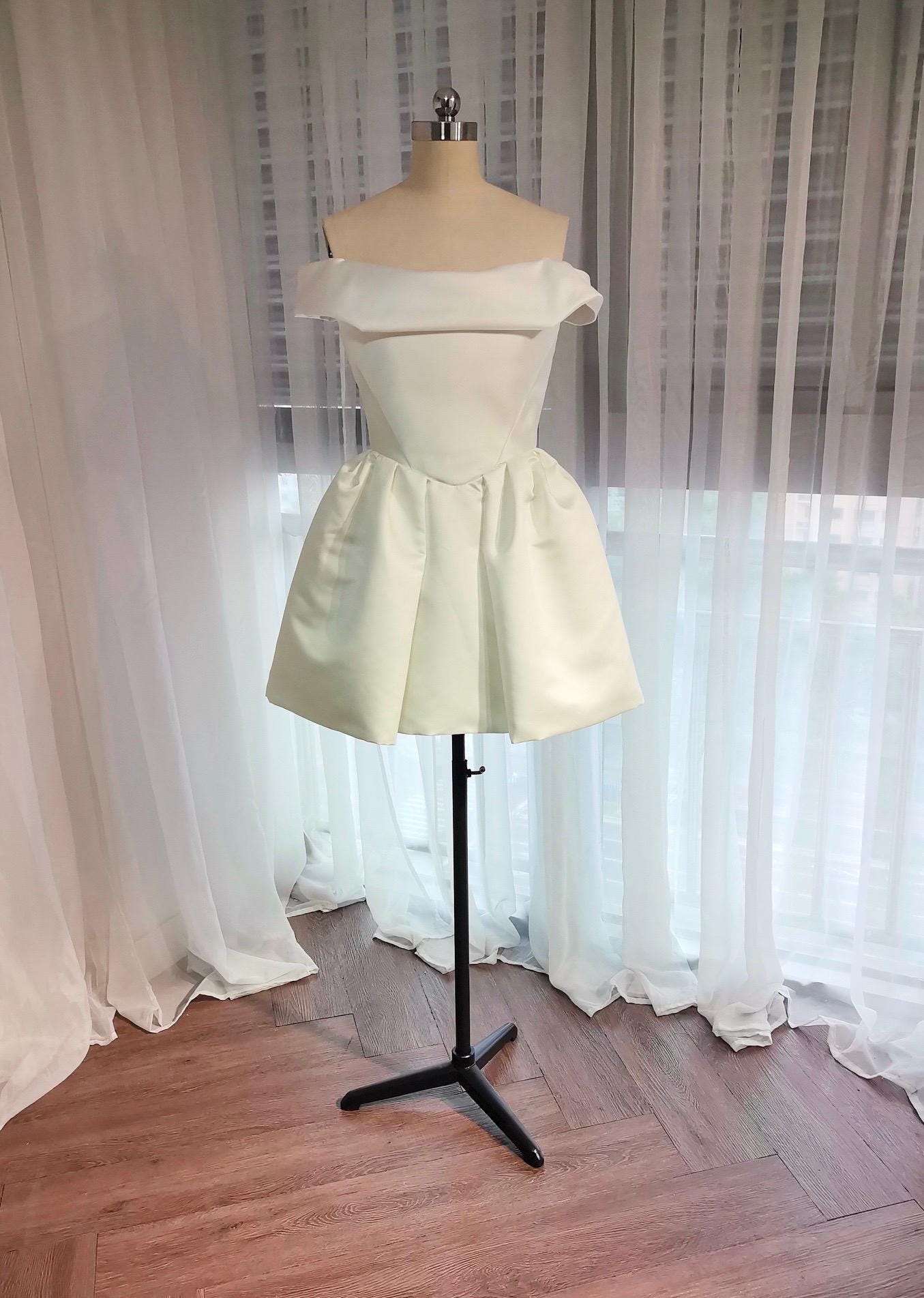 Zoe | Minimalist Off the Shoulder Basque Waist Satin Short Wedding Dress, Custom Simple Courthouse Civil Wedding Reception Elopement Dress