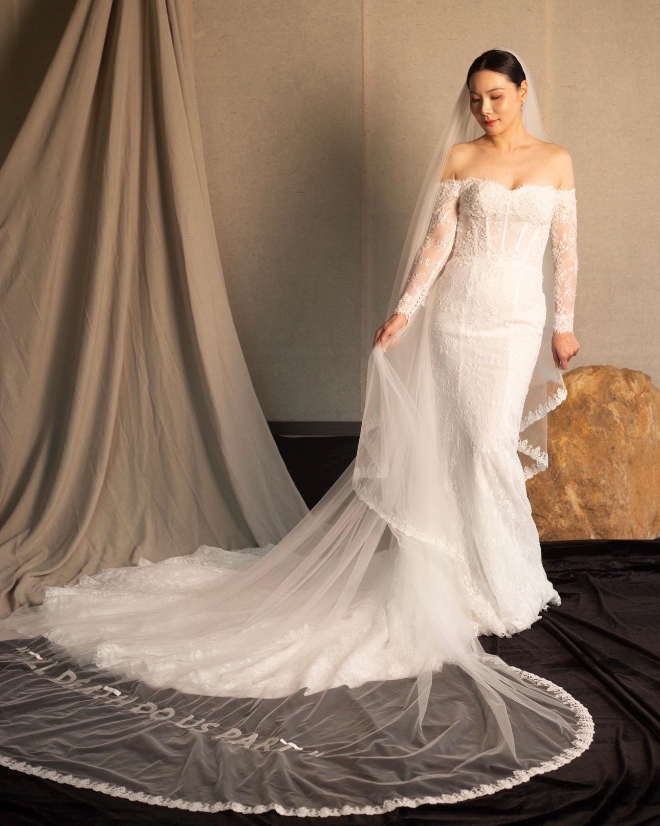 2 Tier Lace Trim Wedding Veil with Hand Embroidery