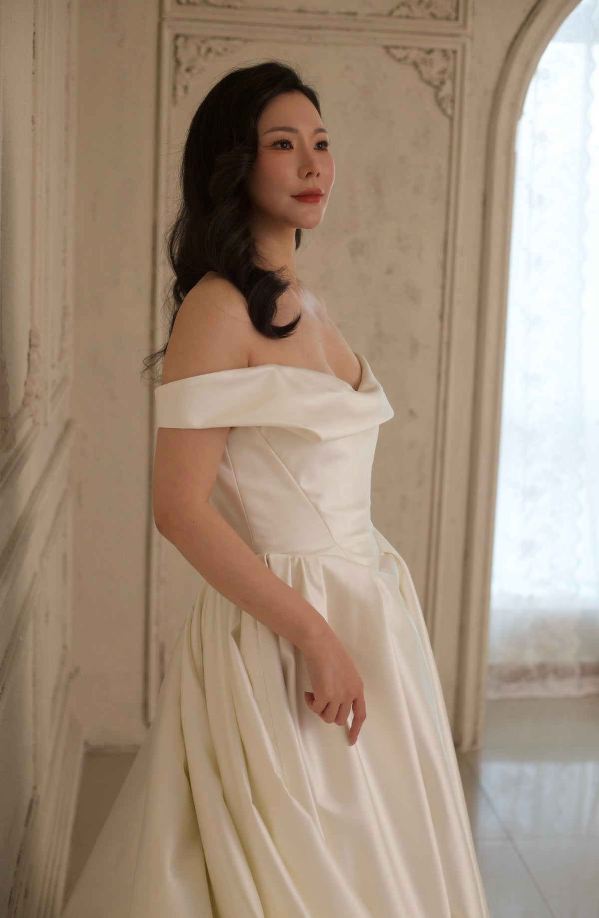 Aurelia | Off Shoulder Basque Waist Unique Satin Ball Gown Wedding Dress