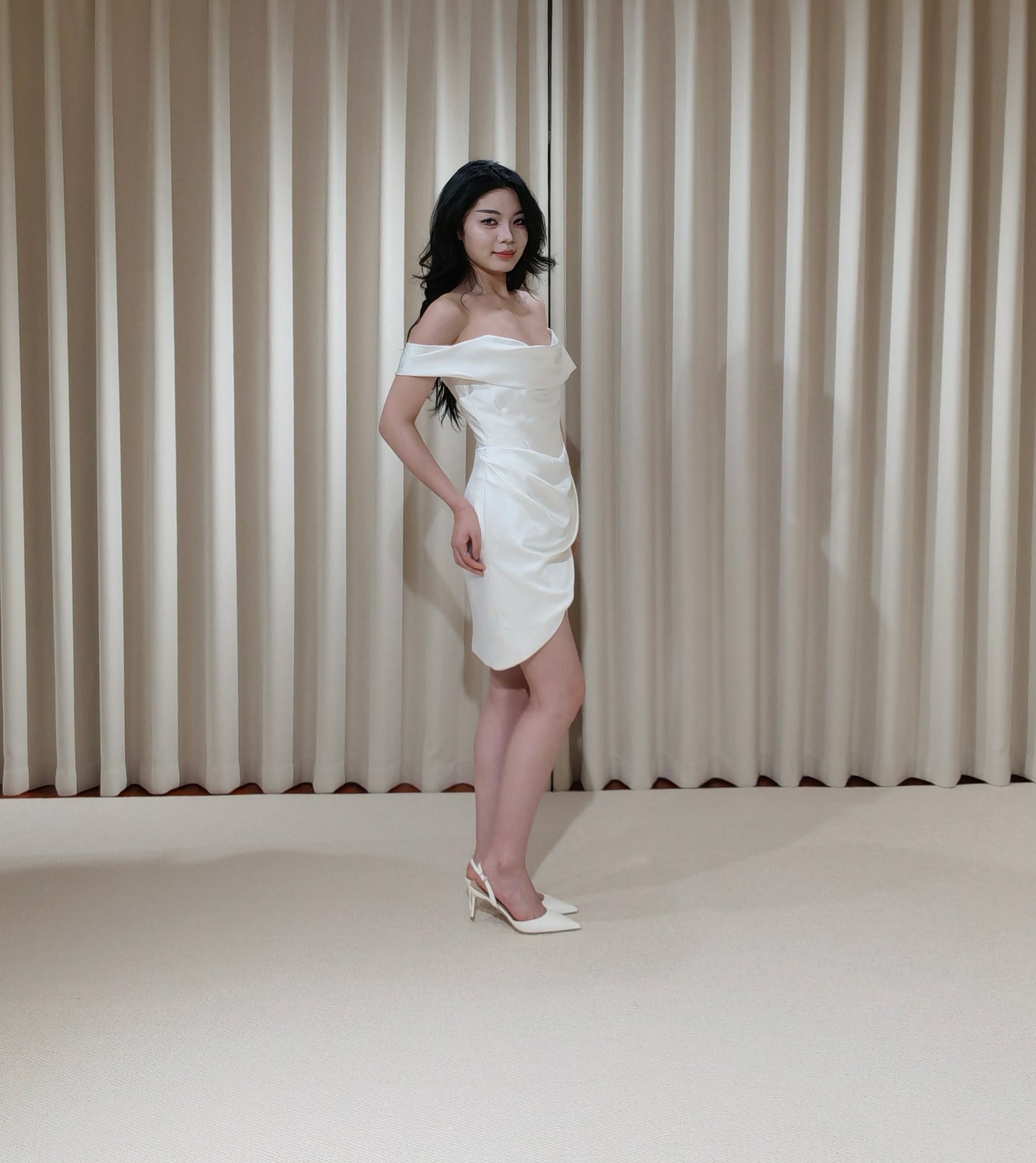 Anna | Minimalist Off the Shoulder Satin Short Wedding Prom Dress, Custom Simple Courthouse Civil Wedding Reception Elopement Dress
