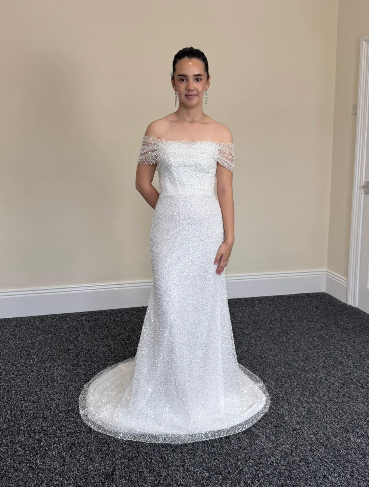 Gloria | Off the Shoulder Long Sleeve Corset Mermaid Wedding Bridal Dress with Detachable Train, Custom sparkling reception dress, courthouse wedding