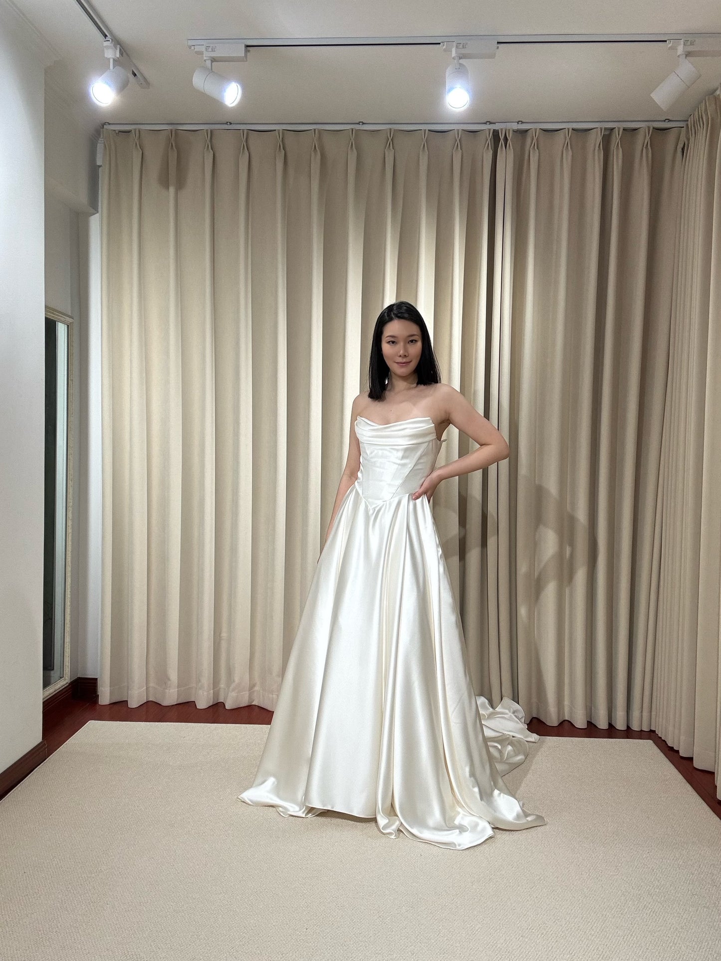 Adrea | Off the Shoulder Satin Corset Basque Waist Ball Gown Wedding Dress