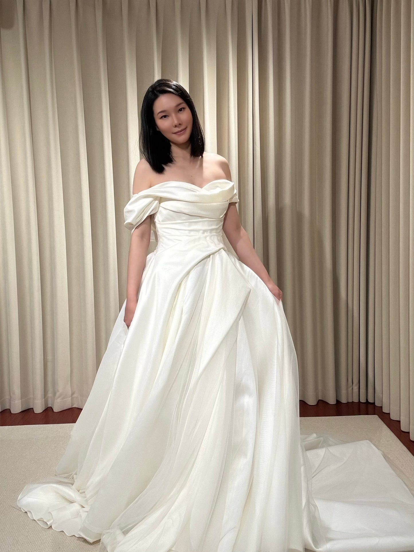 Anastasia | Off the Shoulder Satin Corset Drop Waist Wedding Dress