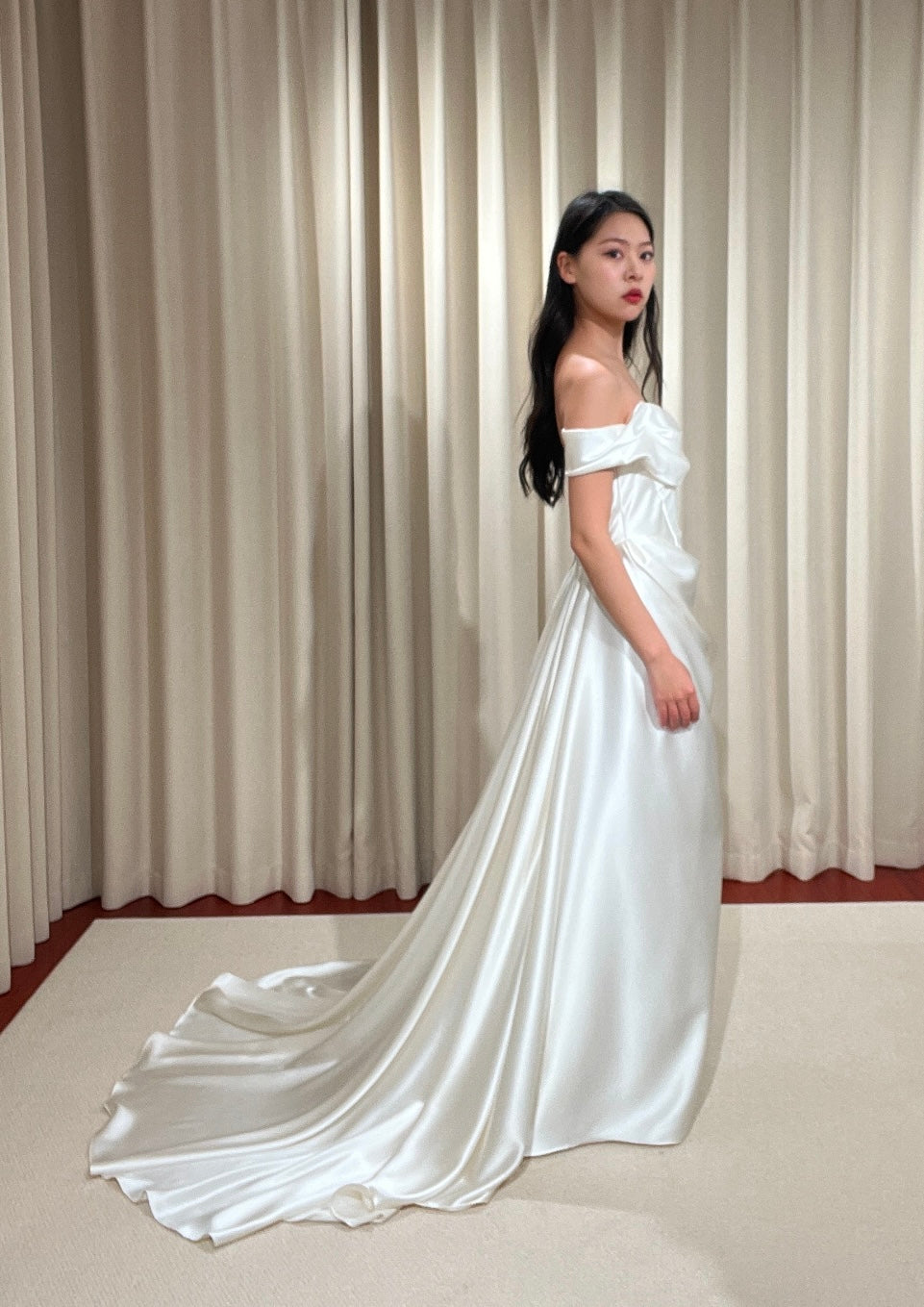 Minimalist Off Shoulder Satin Corset Wedding Bridal Dress, Custom Simple Modest Courthouse Civil Wedding Reception Elopement Gown