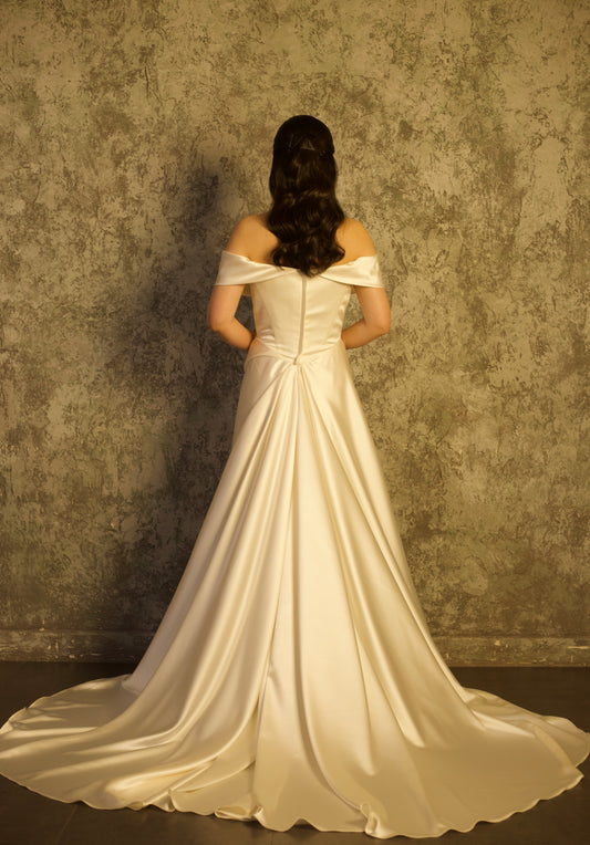 Luna | Off Shoulder Satin Corset Wedding Dress with Slit