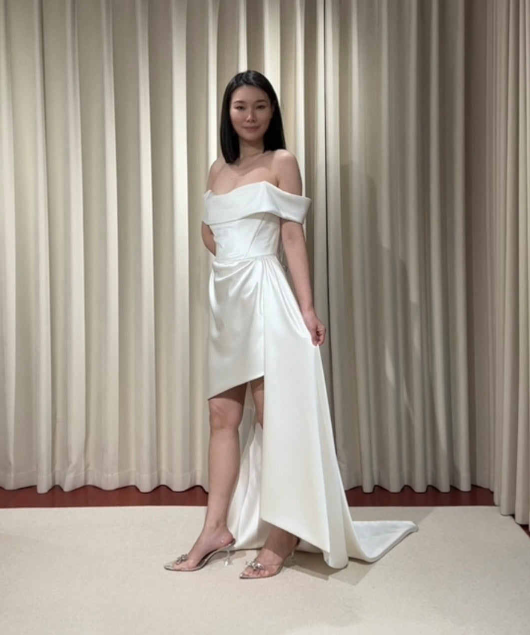 Stella | Minimalist Off the Shoulder High Low Satin Wedding Prom Dress, Custom Simple Elegant Gown Courthouse Civil Wedding Reception Elopement Dress