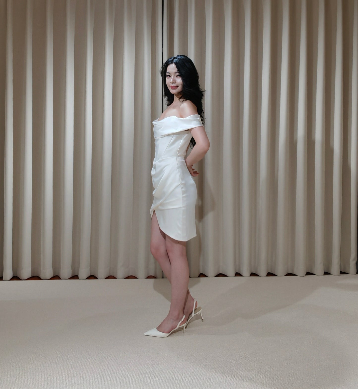 Anna | Minimalist Off the Shoulder Satin Short Wedding Prom Dress, Custom Simple Courthouse Civil Wedding Reception Elopement Dress