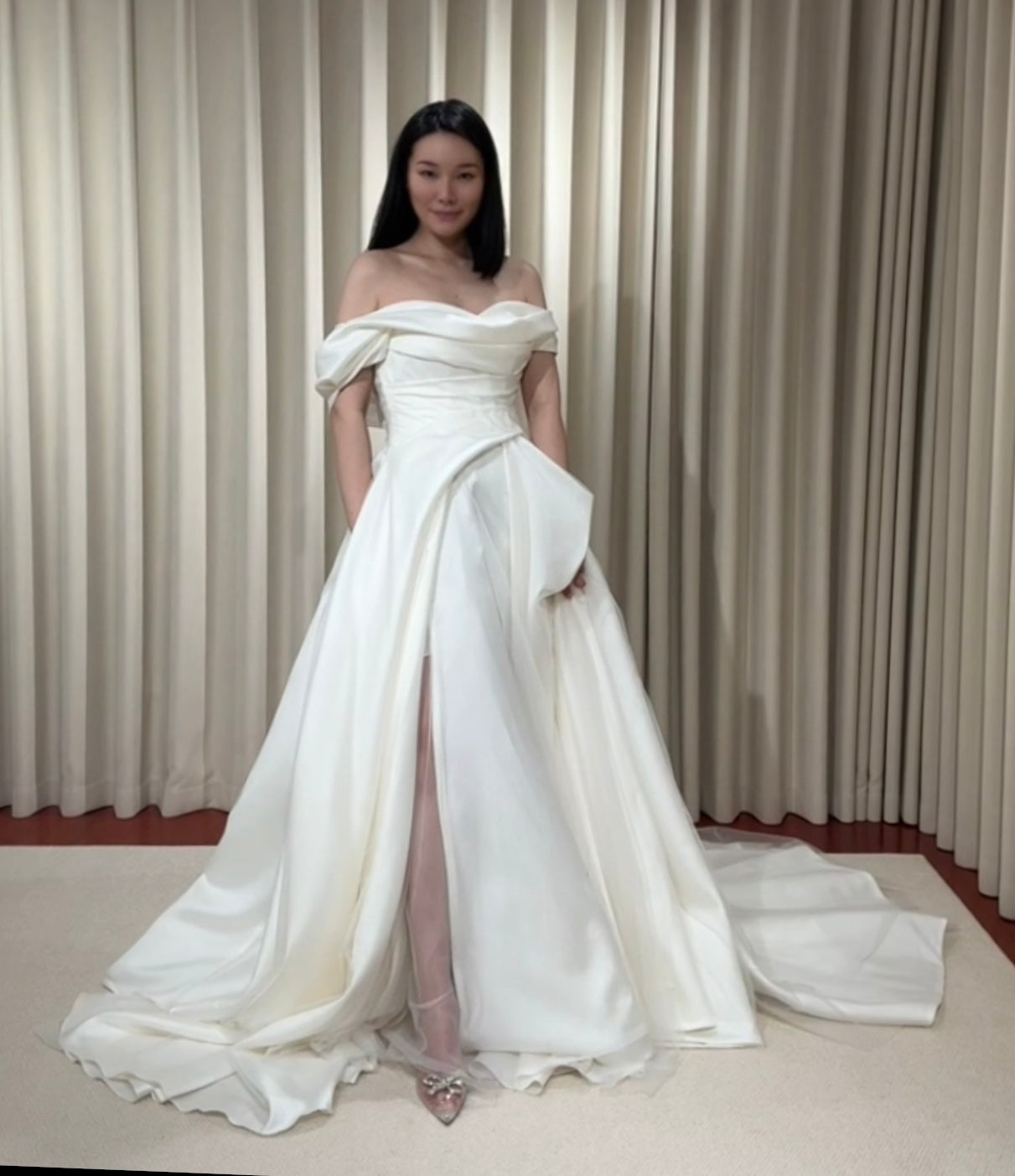 Anastasia | Off-the-shoulder satin corset drop waist wedding dress, un Shindig Threads Anastasia | Off-the-shoulder satin corset drop waist wedding dress, un Shindig Threads