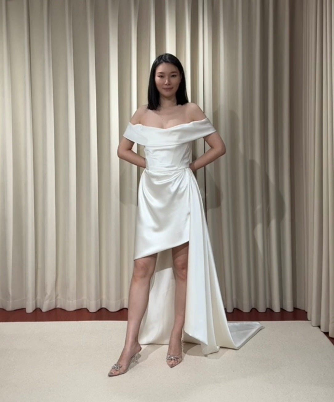 Stella | Minimalist Off the Shoulder High Low Satin Wedding Prom Dress, Custom Simple Elegant Gown Courthouse Civil Wedding Reception Elopement Dress