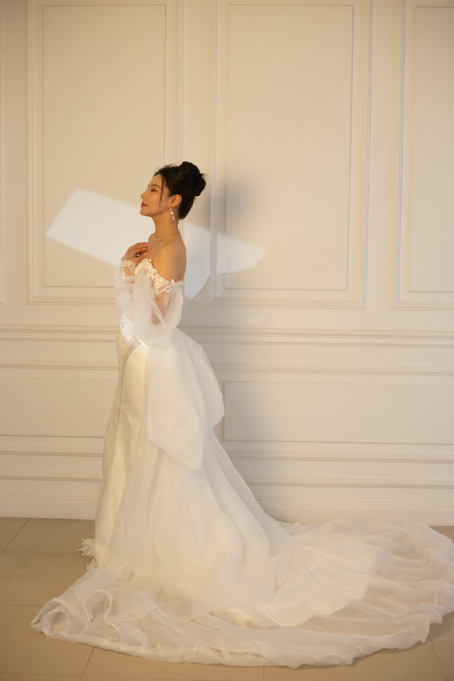 Nova | Long Sleeve Off the Shoulder Lace Mermaid Wedding Dress with Detachable Train