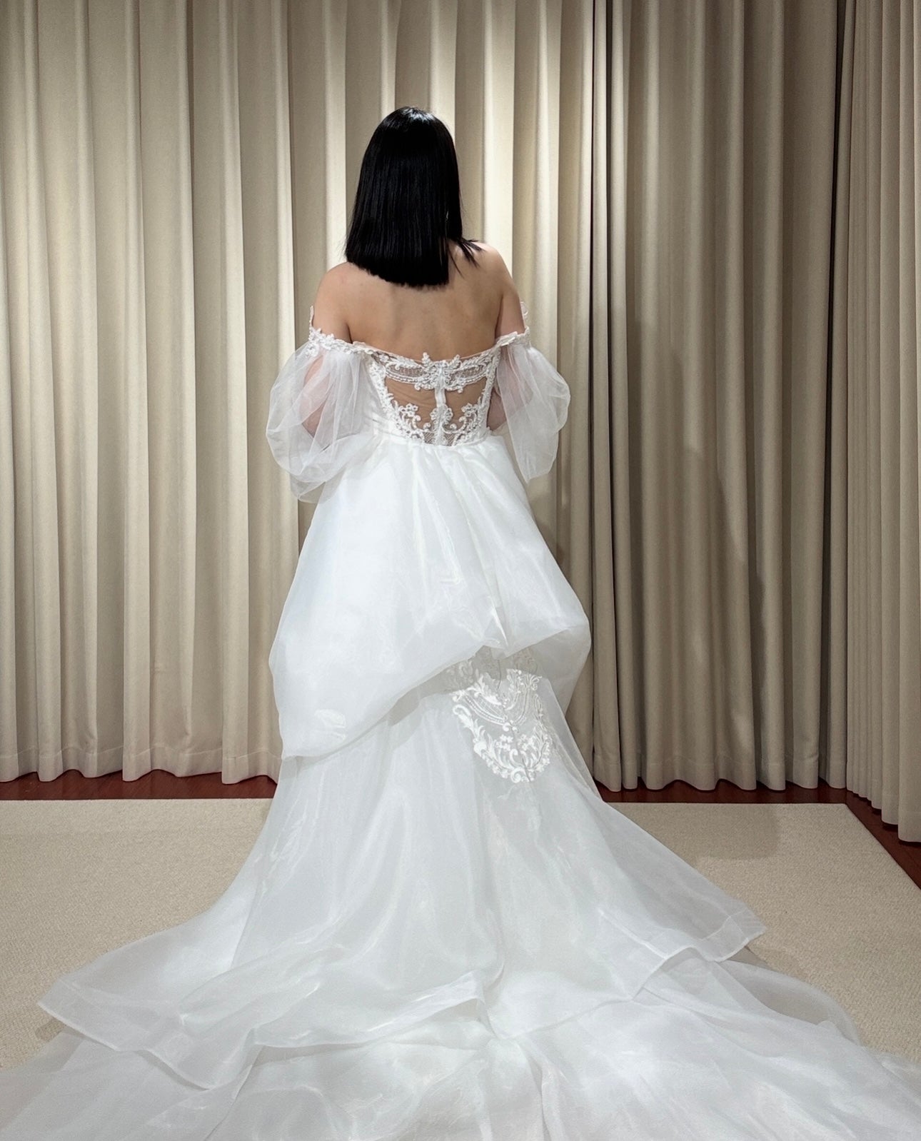 Nova | Long Sleeve Off the Shoulder Lace Mermaid Wedding Dress with detachable Train, Custom Unique Courthouse wedding elope dress, reception dress