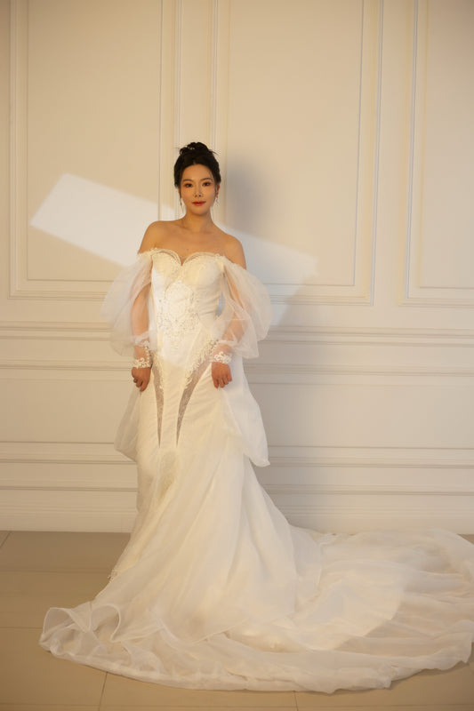 Nova | Long Sleeve Off the Shoulder Lace Mermaid Wedding Dress with Detachable Train