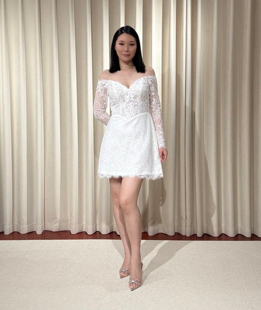 Esme | Long sleeve off shoulder basque waist lace short wedding dress, Rehearsal dinner mini dress, Custom Elopement Bridal shower Engagement dress