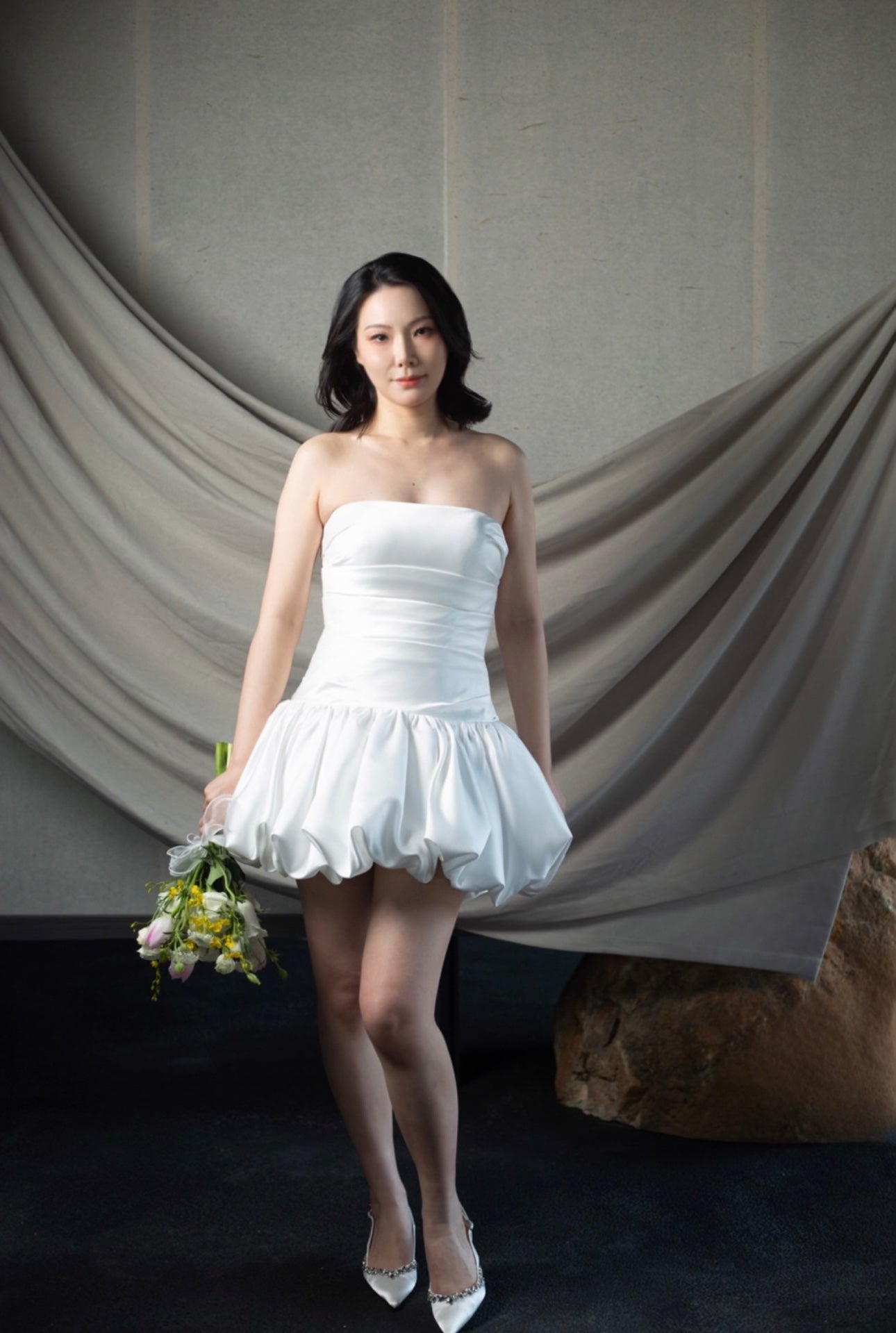 Emily | Minimalist drop waist satin short wedding dress, Rehearsal dinner simple mini dress, Custom Elopement Dress, Bridal shower Engagement dress