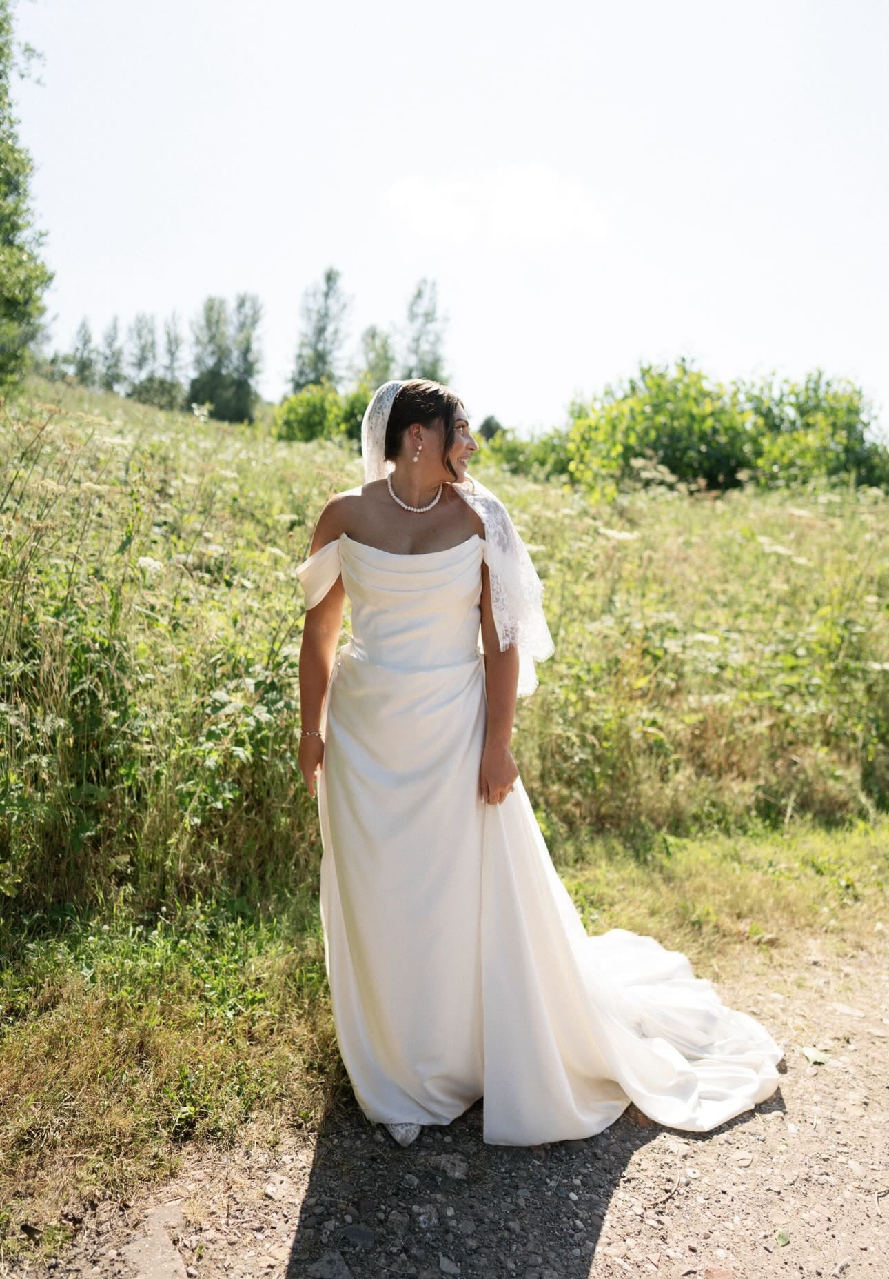 Molly | Minimalist Satin Corset Wedding Dress with Scarf and Detachable Train & Sleeves