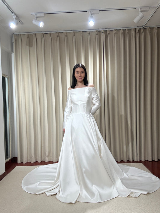 Jasmin | Off the Shoulder Long Sleeve Satin Ball Gown Wedding Dress