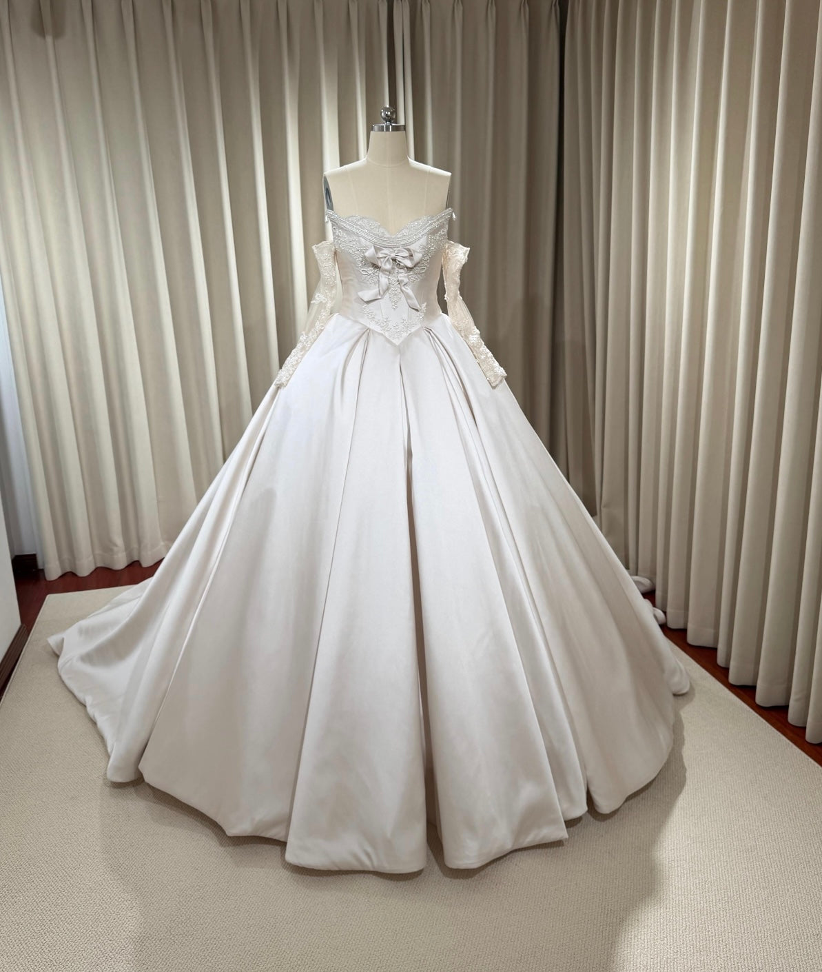 Victoria | Long Sleeve Satin Corset Wedding Dress w Pearls, Classic Romantic Elegant Princess Ball Gown, Custom Modest Courthouse Civil Wedding Dress