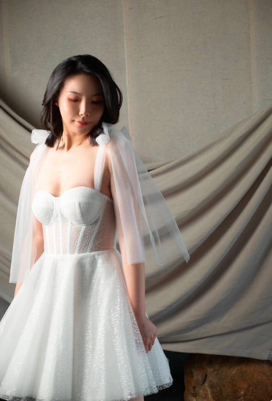 Alice | Sparkle Sequins Corset Short Wedding Dress with Detachable Sleeves