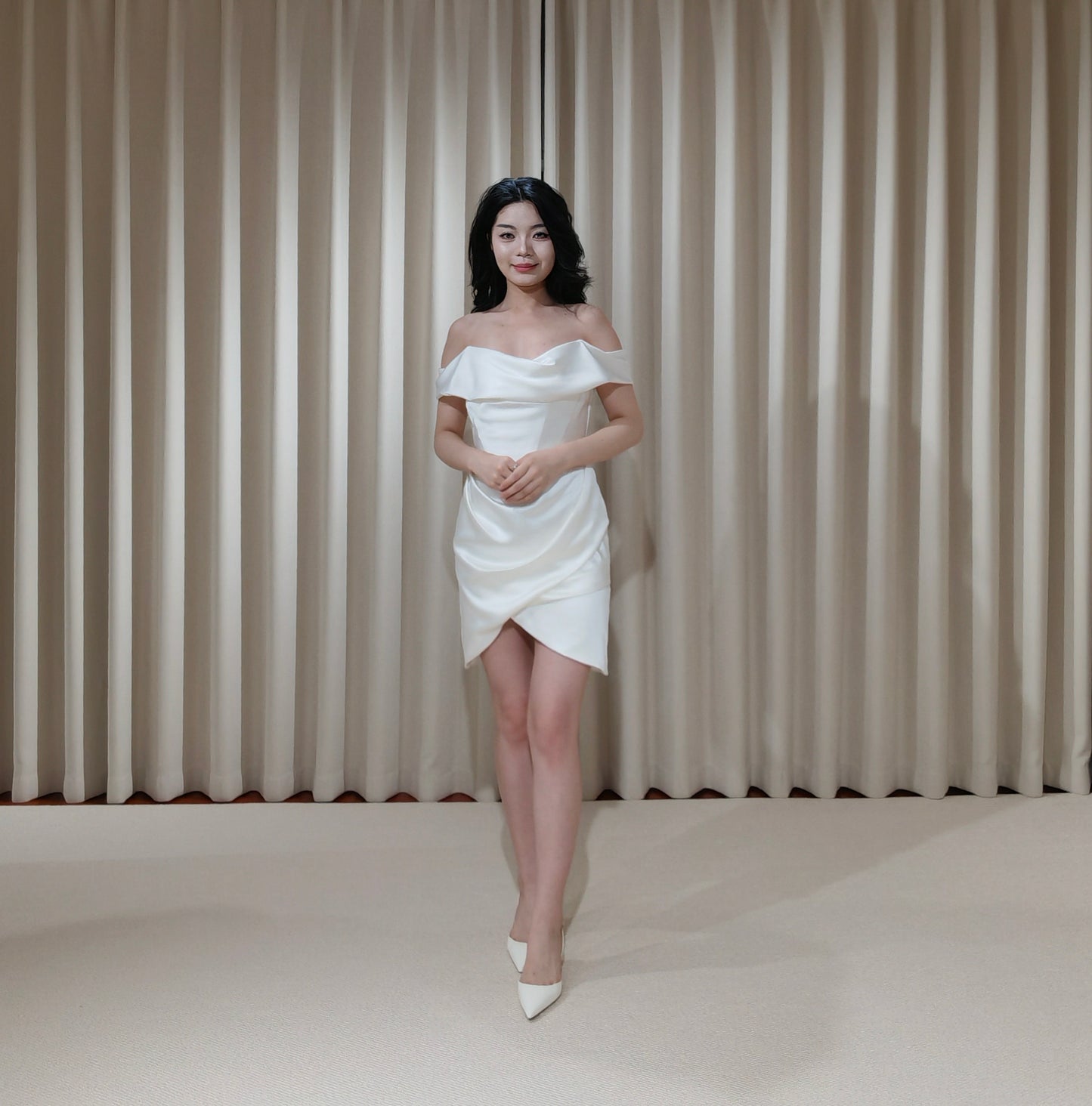 Anna | Minimalist Off the Shoulder Satin Short Wedding Prom Dress, Custom Simple Courthouse Civil Wedding Reception Elopement Dress
