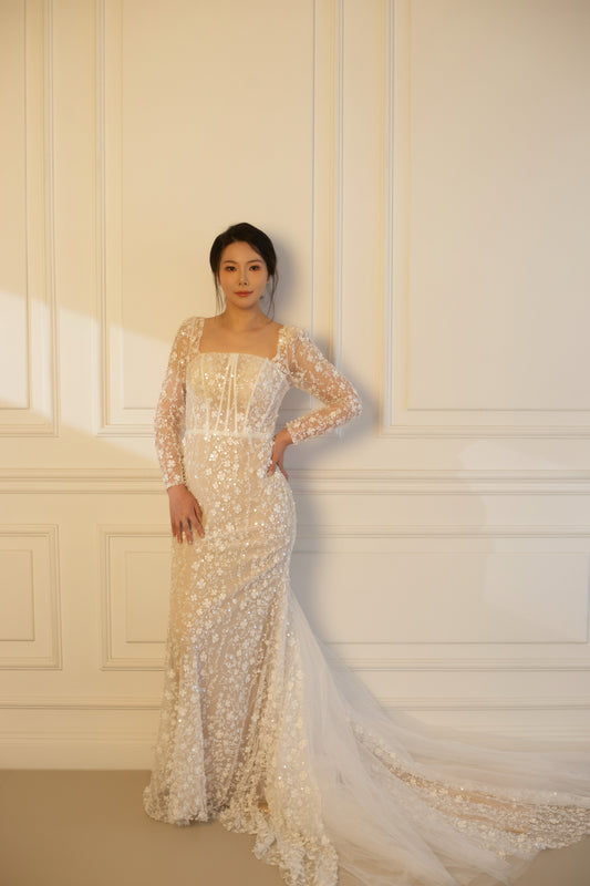 Jessica | Long Sleeve Corset Mermaid Wedding Dress with 3D Flowers