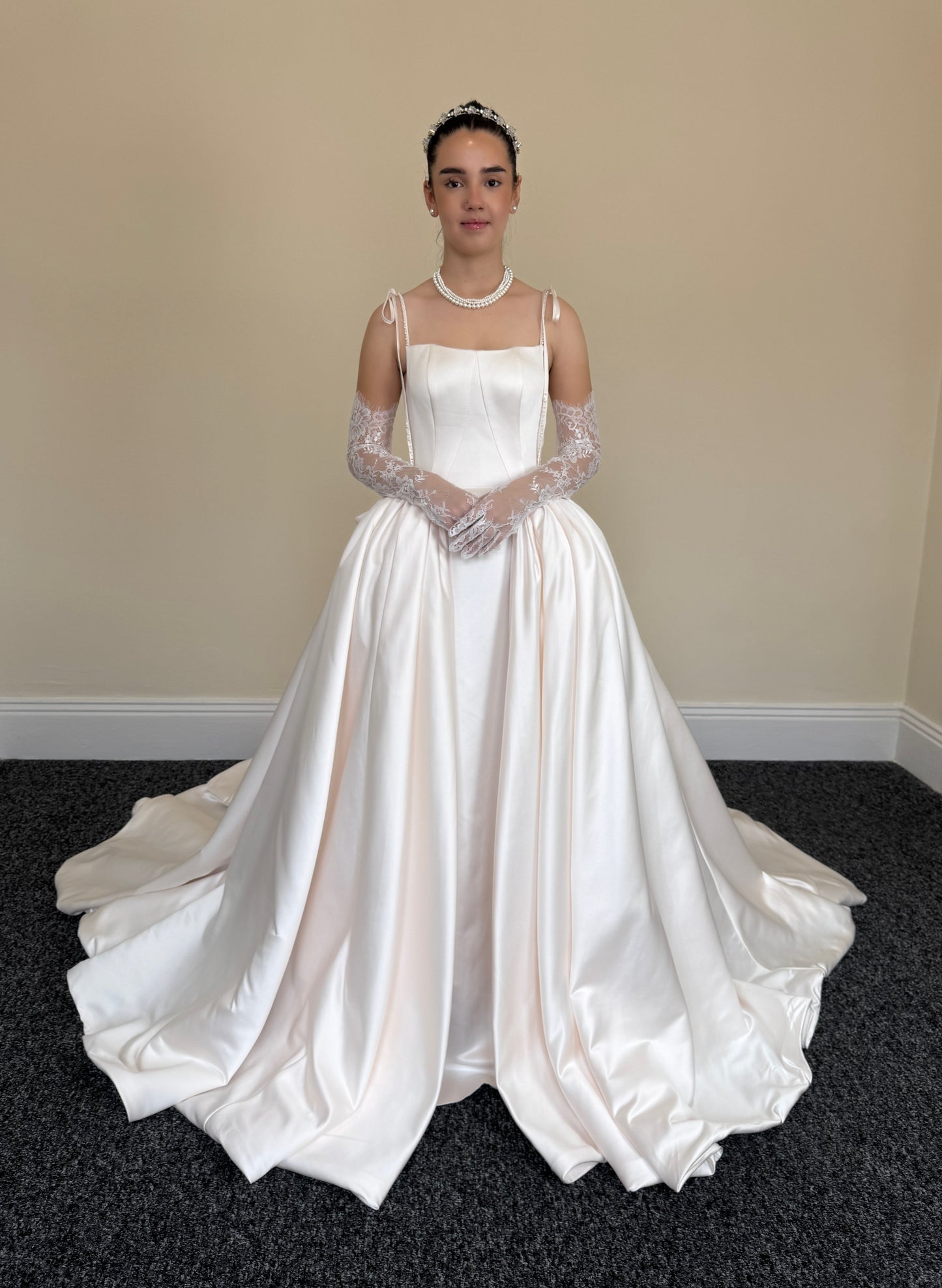 Lilibet | Blush Satin Ball Gown Wedding Dress with Detachable Bow