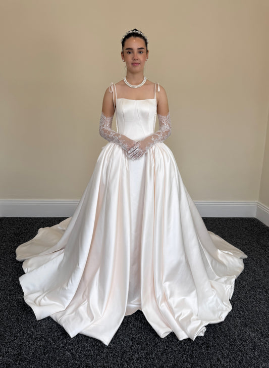 Lilibet | Blush Satin Ball Gown Wedding Dress with Detachable Bow