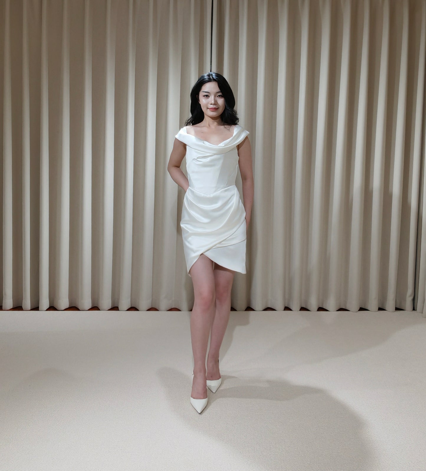 Anna | Minimalist Off the Shoulder Satin Short Wedding Prom Dress, Custom Simple Courthouse Civil Wedding Reception Elopement Dress