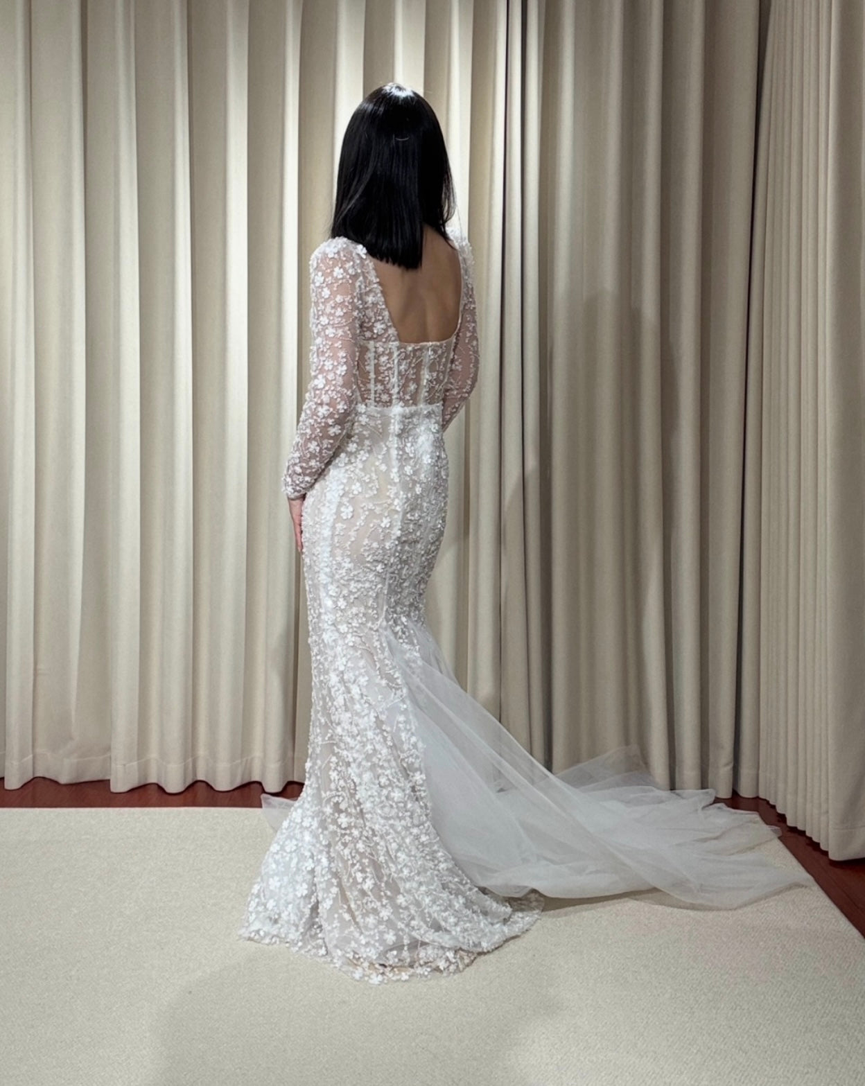 Jessica | Long sleeve corset mermaid wedding dress with 3D flowers, custom unique courthouse wedding dress, fairy elopement reception dress for bride