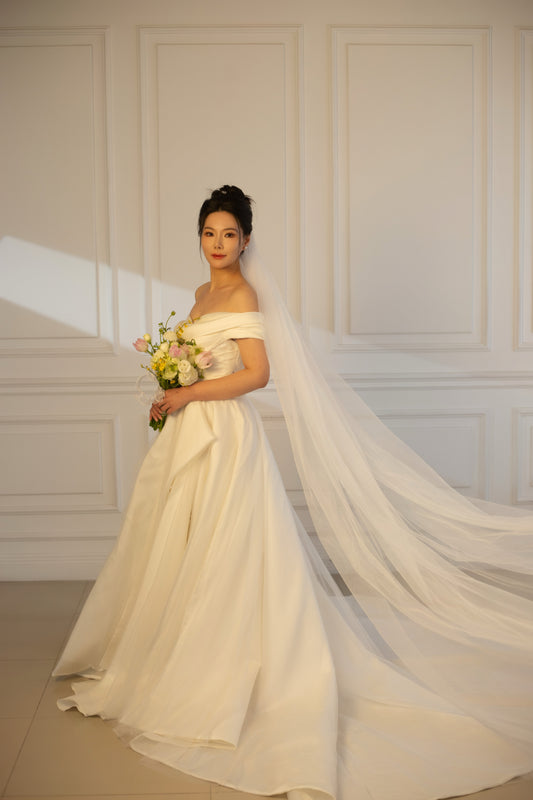 Anastasia | Off the Shoulder Satin Corset Drop Waist Wedding Dress
