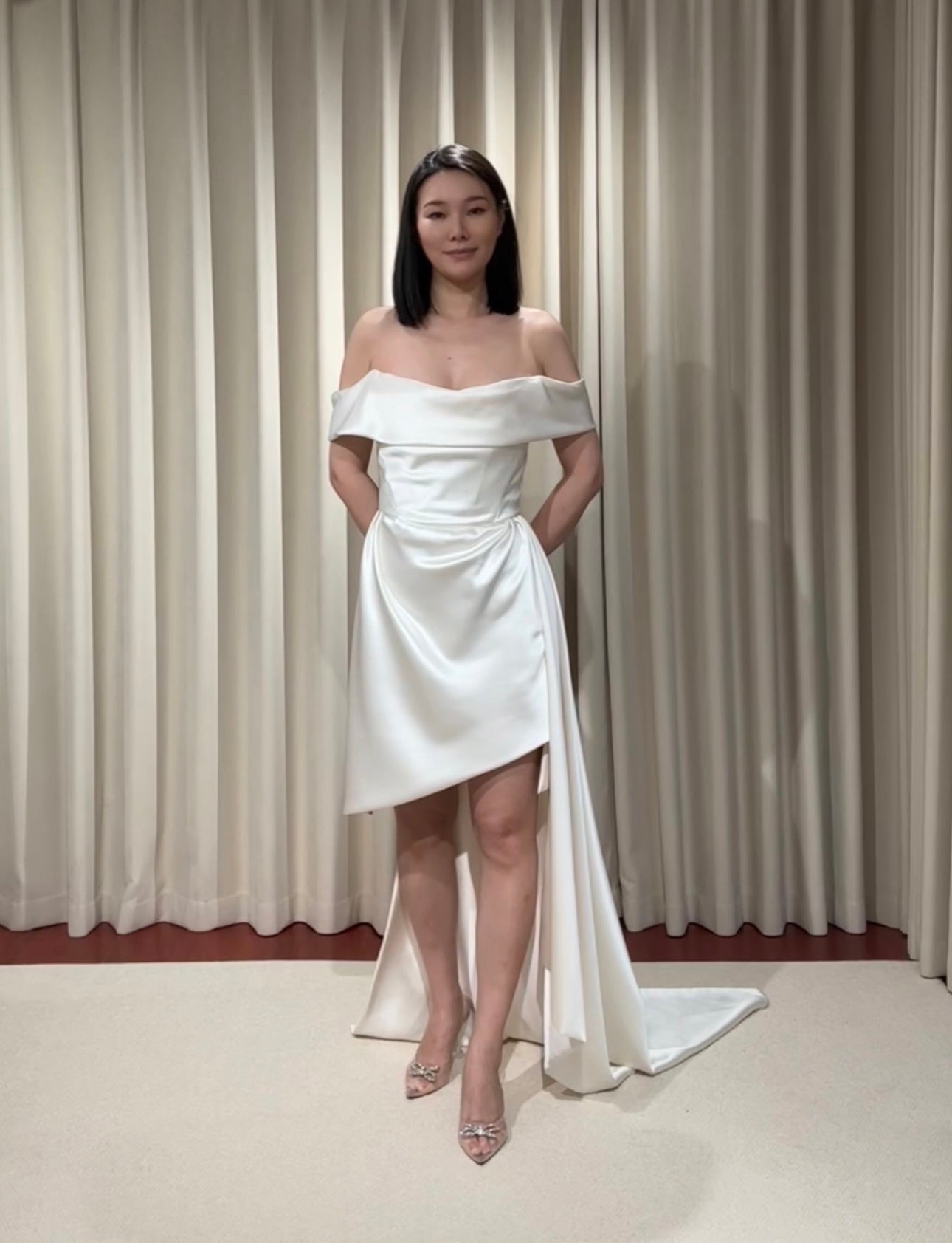 Stella | Minimalist Off the Shoulder High Low Satin Wedding Prom Dress, Custom Simple Elegant Gown Courthouse Civil Wedding Reception Elopement Dress