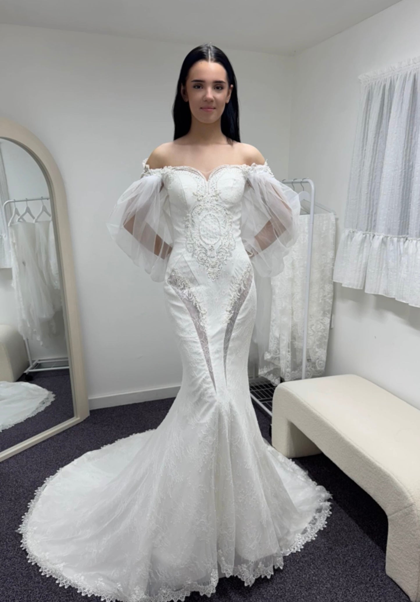Nova | Long Sleeve Off the Shoulder Lace Mermaid Wedding Dress with Detachable Train