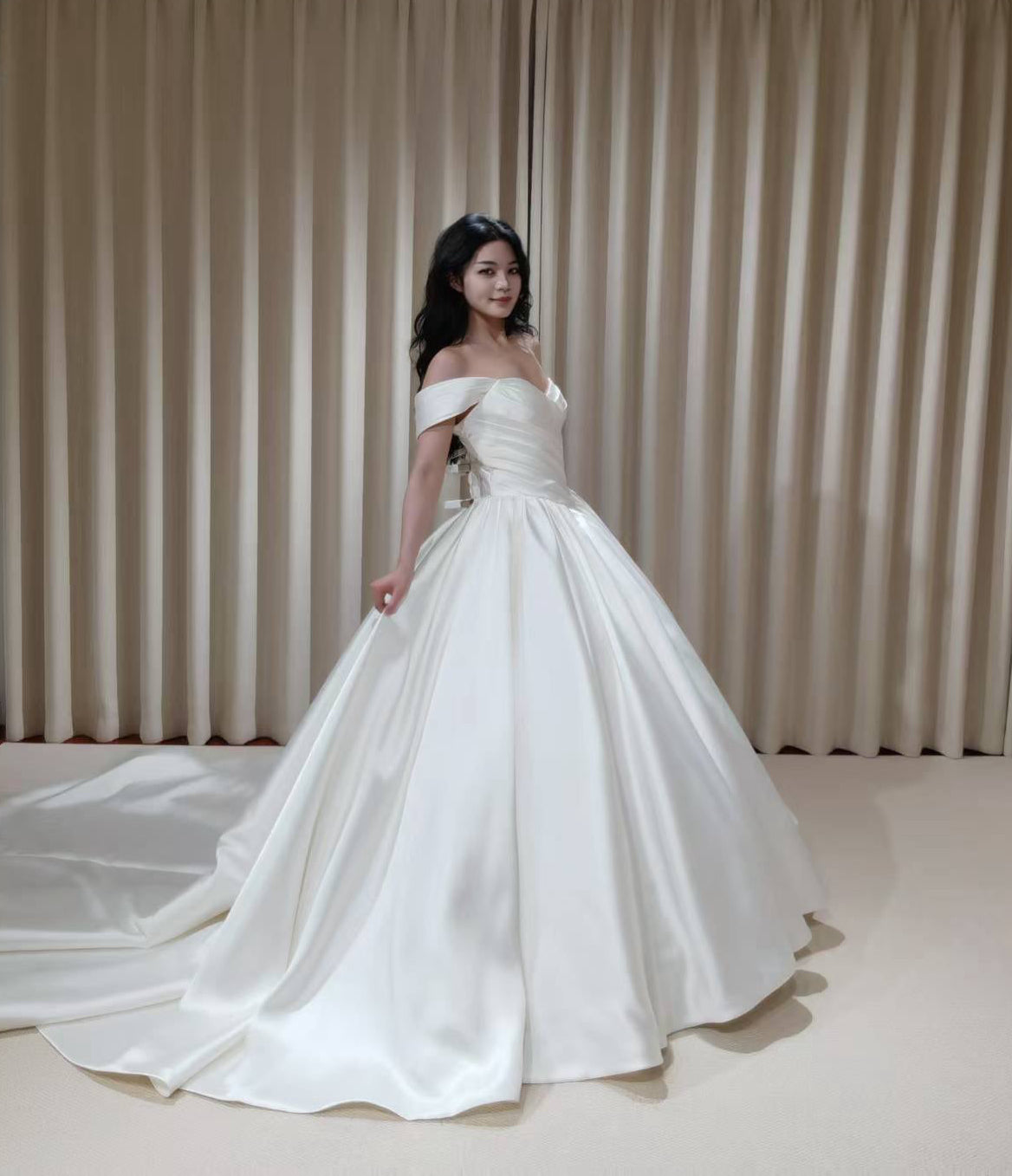 Ida | Off the Shoulder Satin Corset Basque Waist Ball Gown Wedding Dress