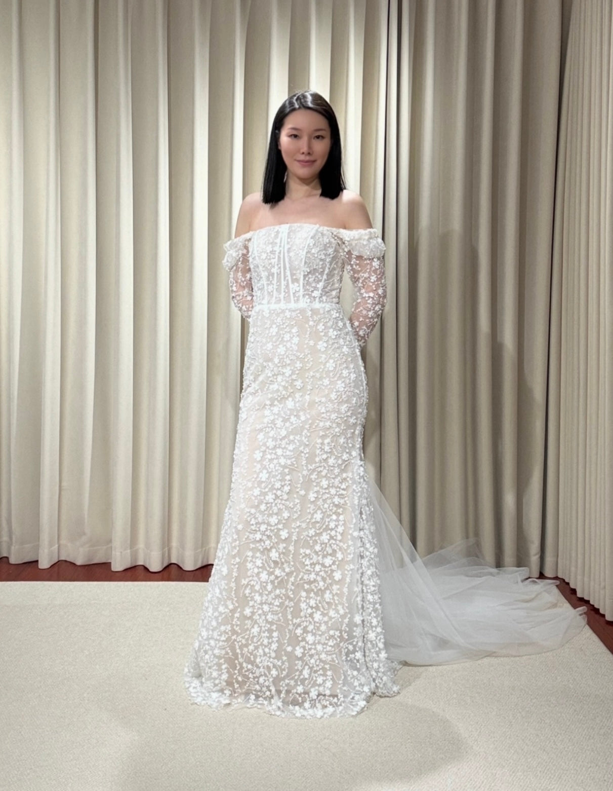 Jessica | Long sleeve corset mermaid wedding dress with 3D flowers, custom unique courthouse wedding dress, fairy elopement reception dress for bride