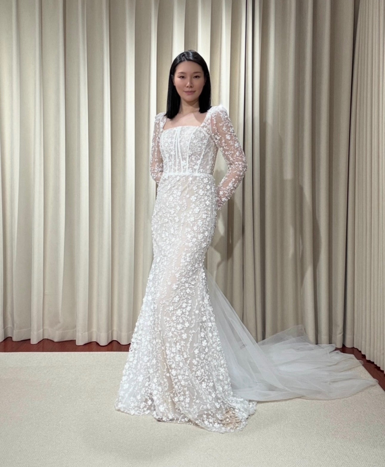 Jessica | Long sleeve corset mermaid wedding dress with 3D flowers, custom unique courthouse wedding dress, fairy elopement reception dress for bride