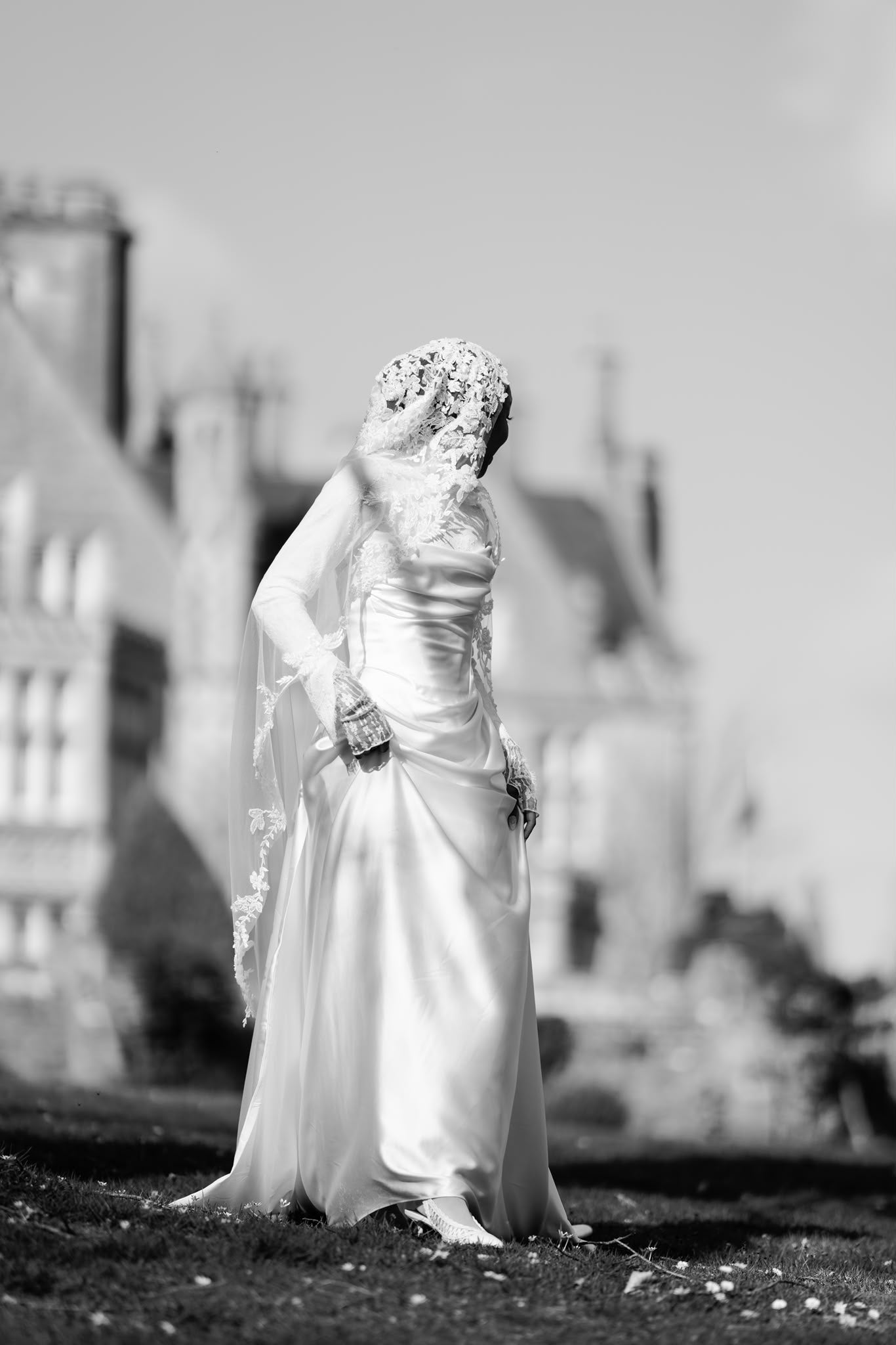Hannan | High Neck Long Sleeve Lace Top and Satin Corset Wedding Dress with Detachable Train