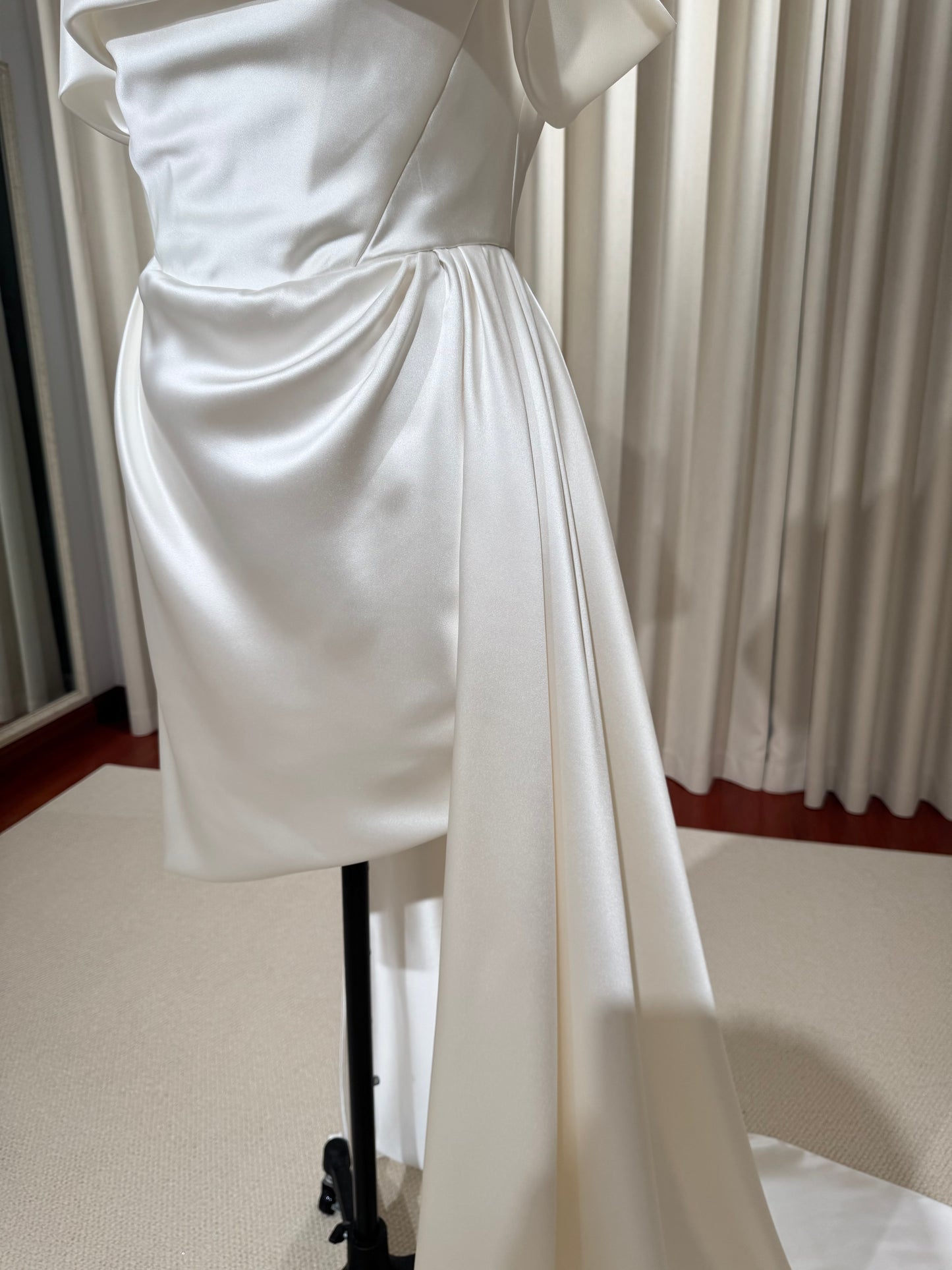 Stella | Minimalist Off the Shoulder High Low Satin Wedding Prom Dress, Custom Simple Elegant Gown Courthouse Civil Wedding Reception Elopement Dress