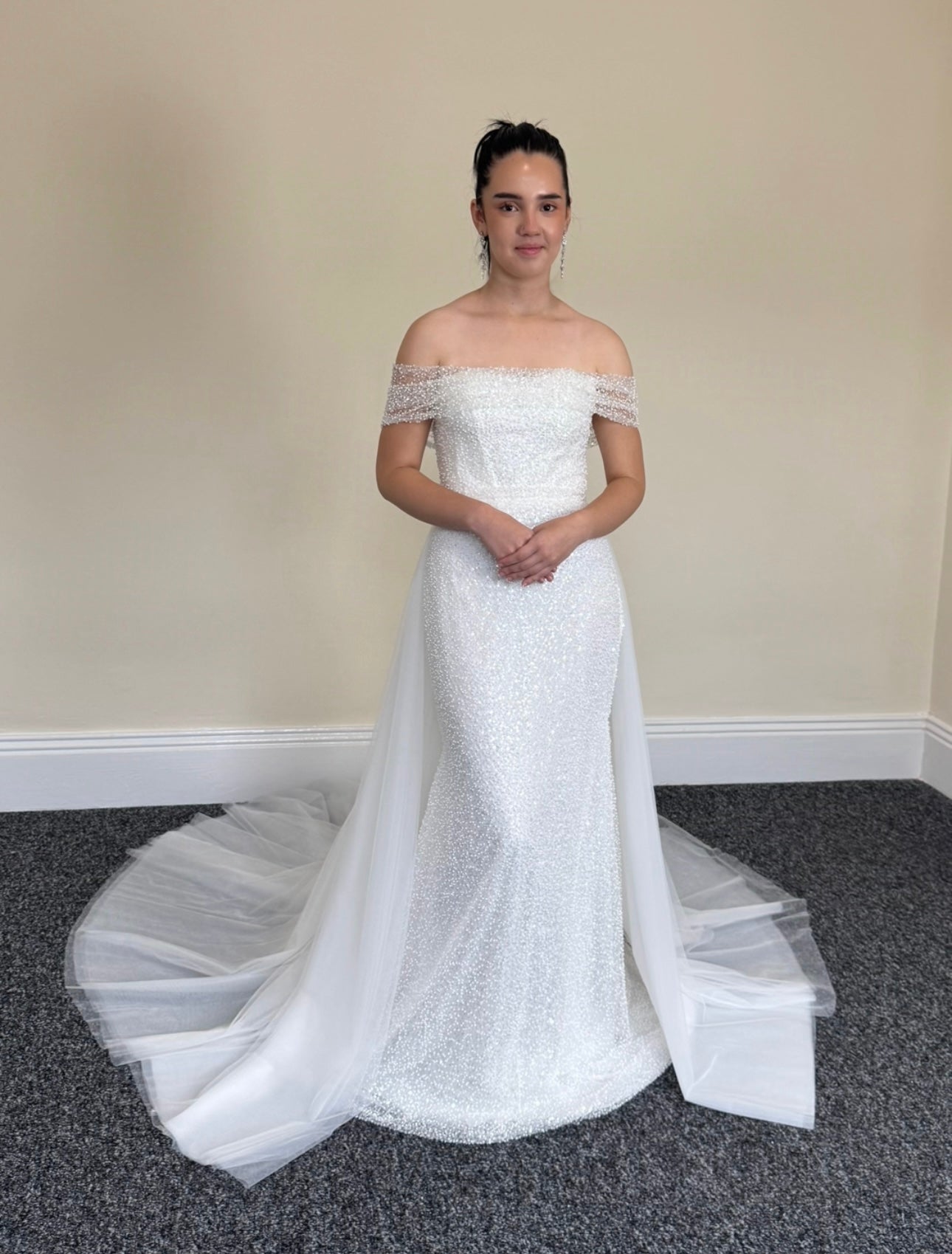 Gloria | Off the Shoulder Long Sleeve Corset Mermaid Wedding Bridal Dress with Detachable Train, Custom sparkling reception dress, courthouse wedding