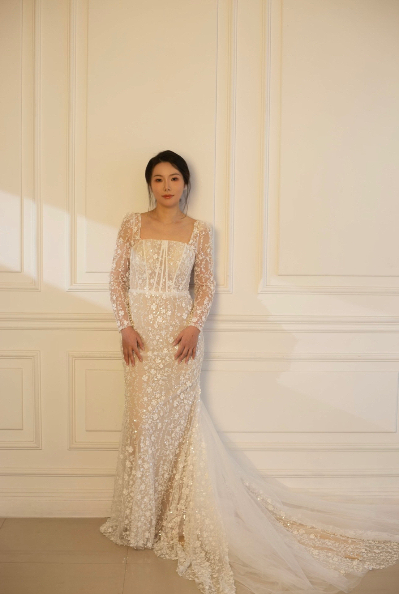 Jessica | Long sleeve corset mermaid wedding dress with 3D flowers, custom unique courthouse wedding dress, fairy elopement reception dress for bride