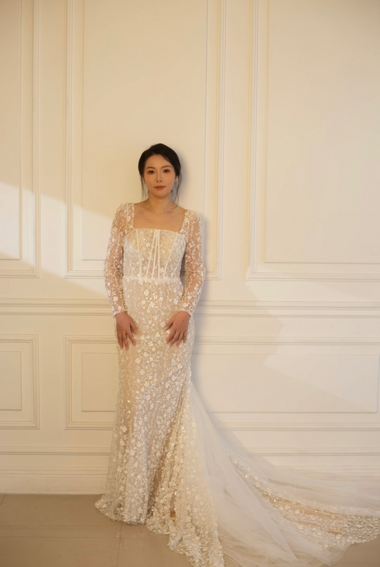 Jessica | Long sleeve corset mermaid wedding dress with 3D flowers, custom unique courthouse wedding dress, fairy elopement reception dress for bride