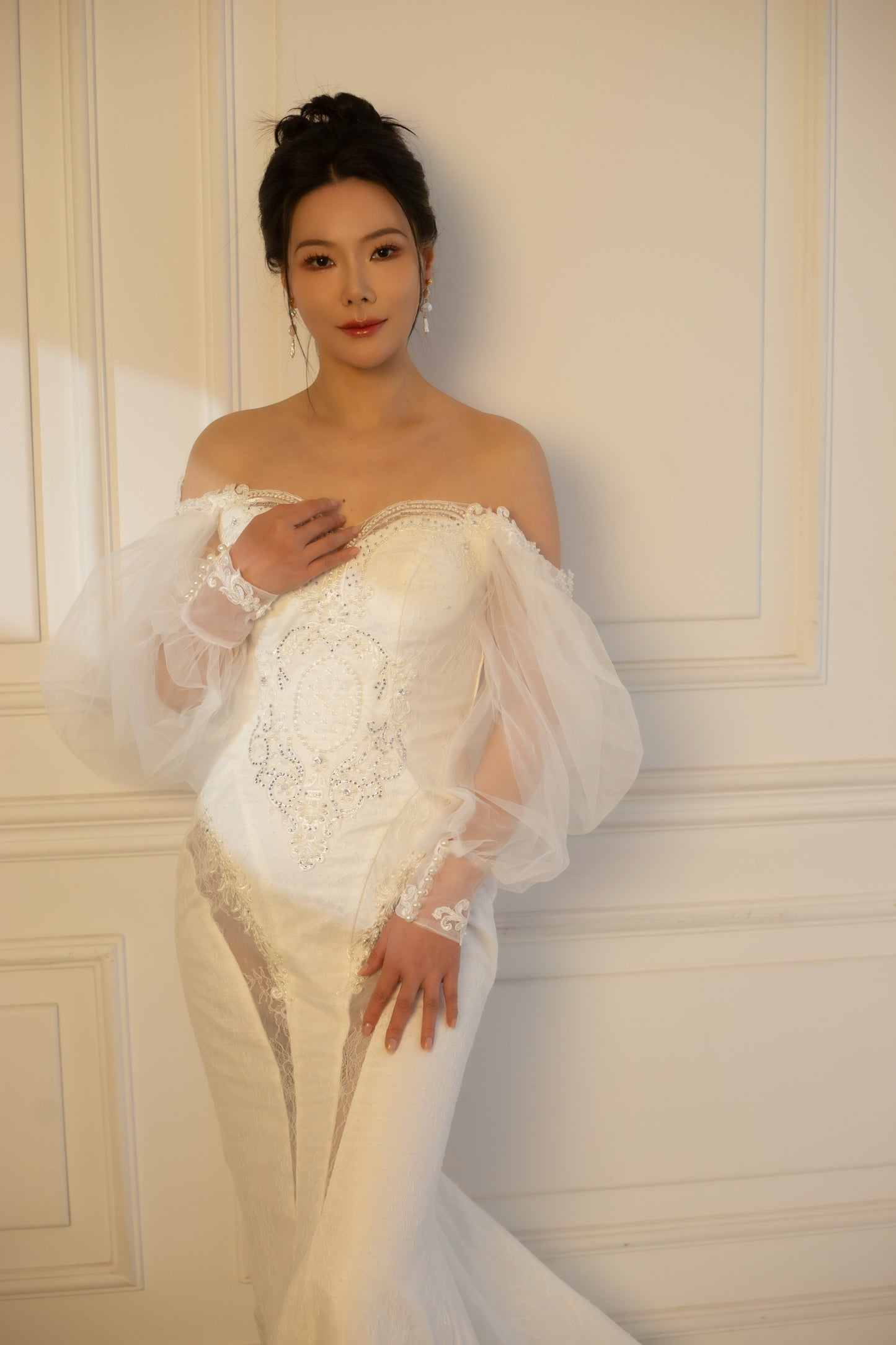 Nova | Long Sleeve Off the Shoulder Lace Mermaid Wedding Dress with Detachable Train