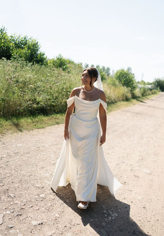 Molly | Minimalist Satin Corset Wedding Dress with Scarf and Detachable Train & Sleeves