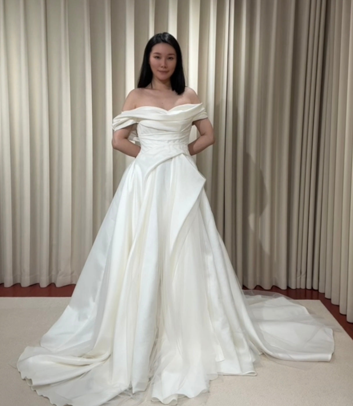 Anastasia | Off-the-shoulder satin corset drop waist wedding dress, un Shindig Threads Anastasia | Off-the-shoulder satin corset drop waist wedding dress, un Shindig Threads