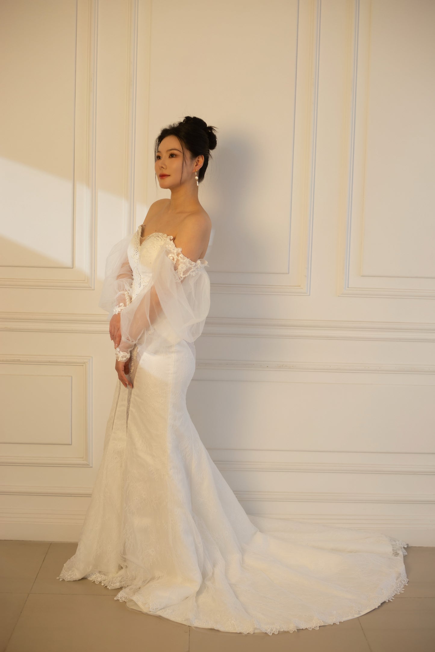 Nova | Long Sleeve Off the Shoulder Lace Mermaid Wedding Dress with Detachable Train