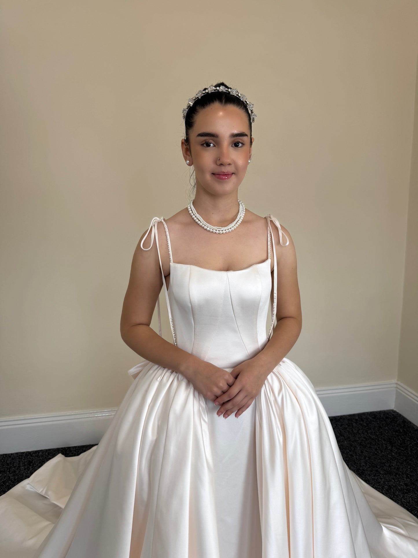 Lilibet | Blush Satin Ball Gown Wedding Dress with Detachable Bow